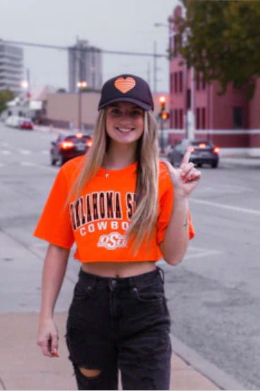 Black Trucker Hat with Orange Heart