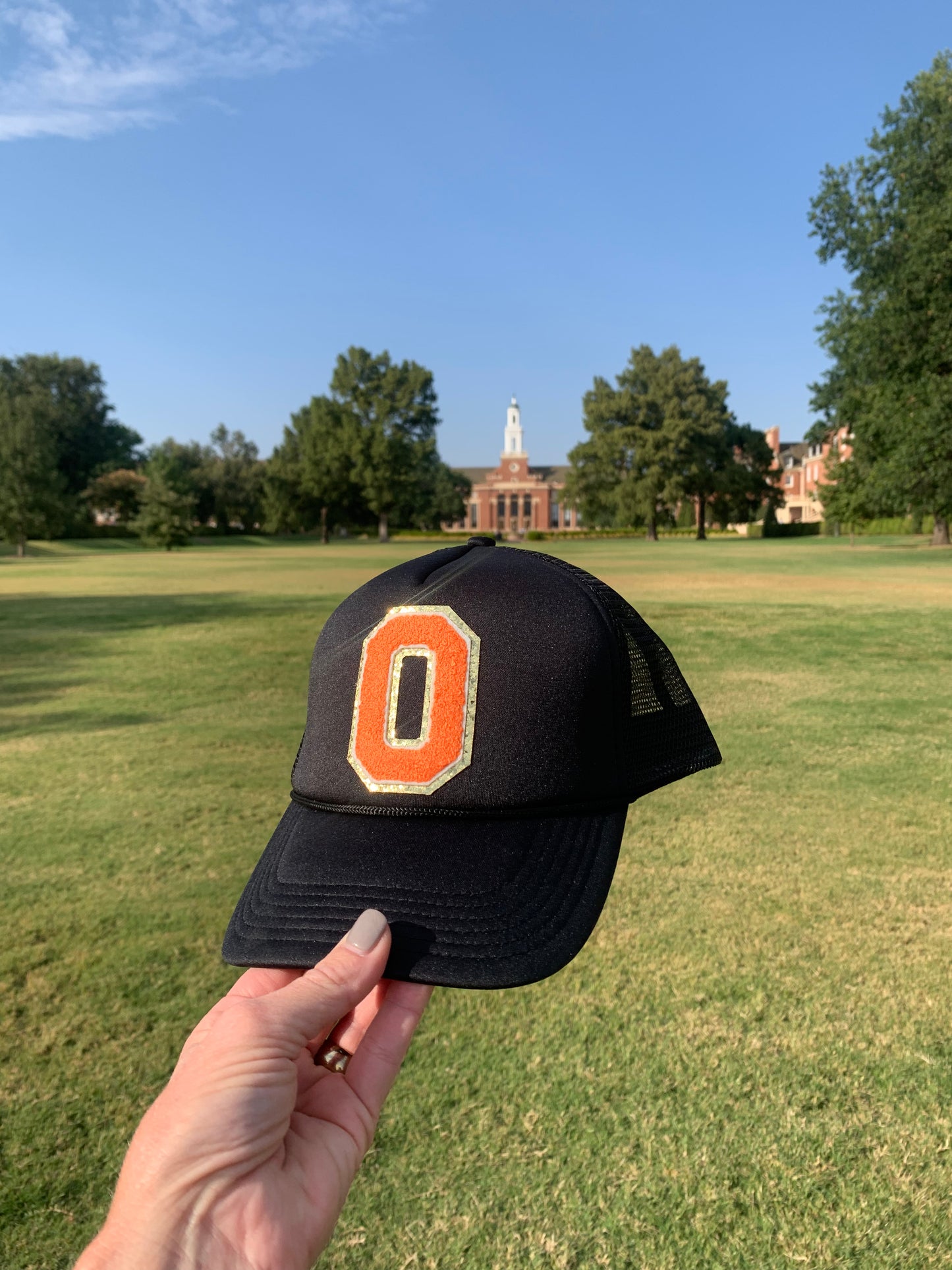 Black Trucker Hat with Orange Heart