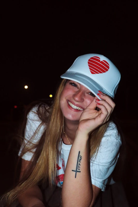 White Trucker Hat with Red Heart